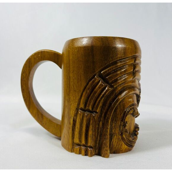 Hand Carved Tiki Wood Head Mug Polynesian South Pacific 5" - Picture 2 of 8